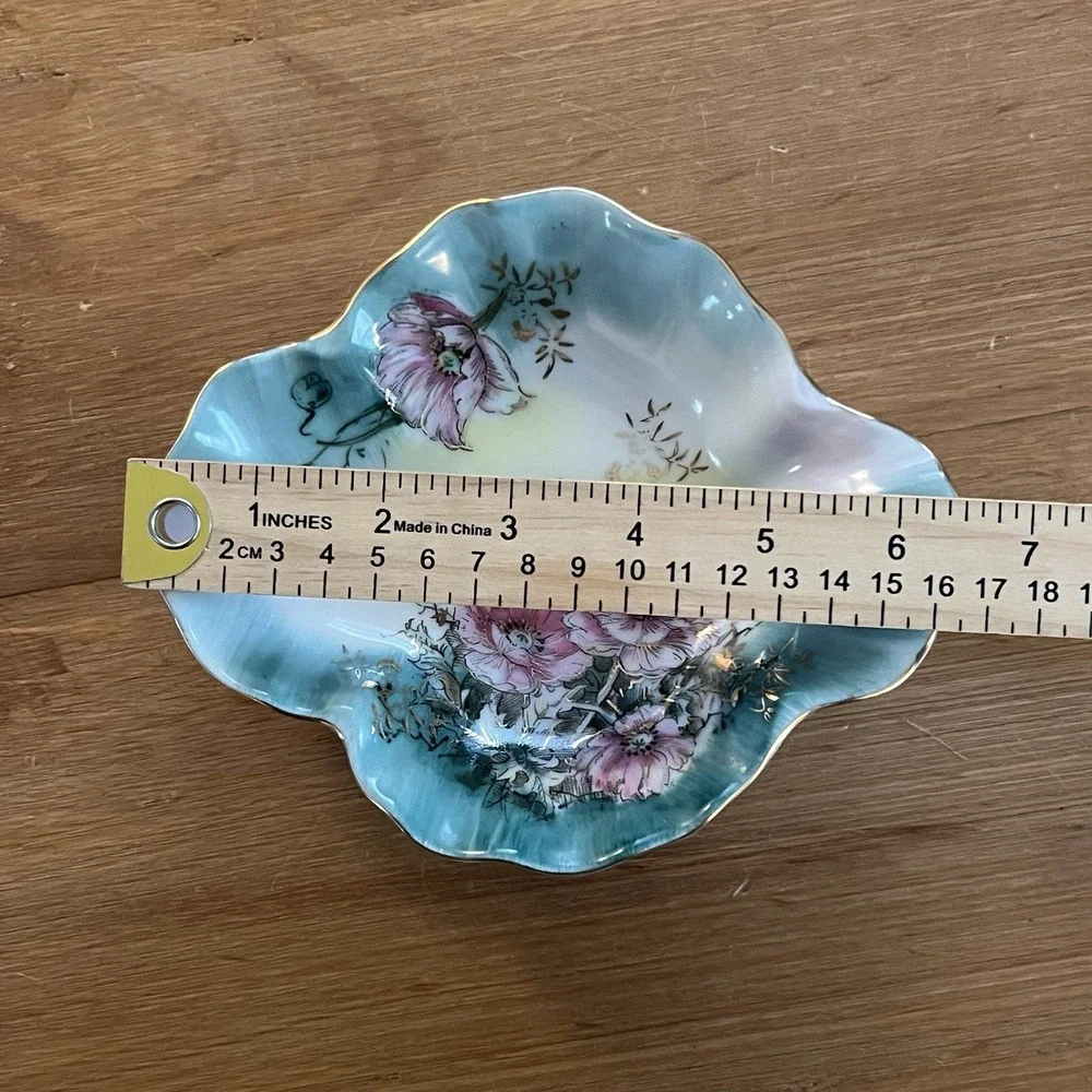 Vintage Lefton Hand Painted Floral Porcelain Trinket Dish Gold Trim‎ Japan